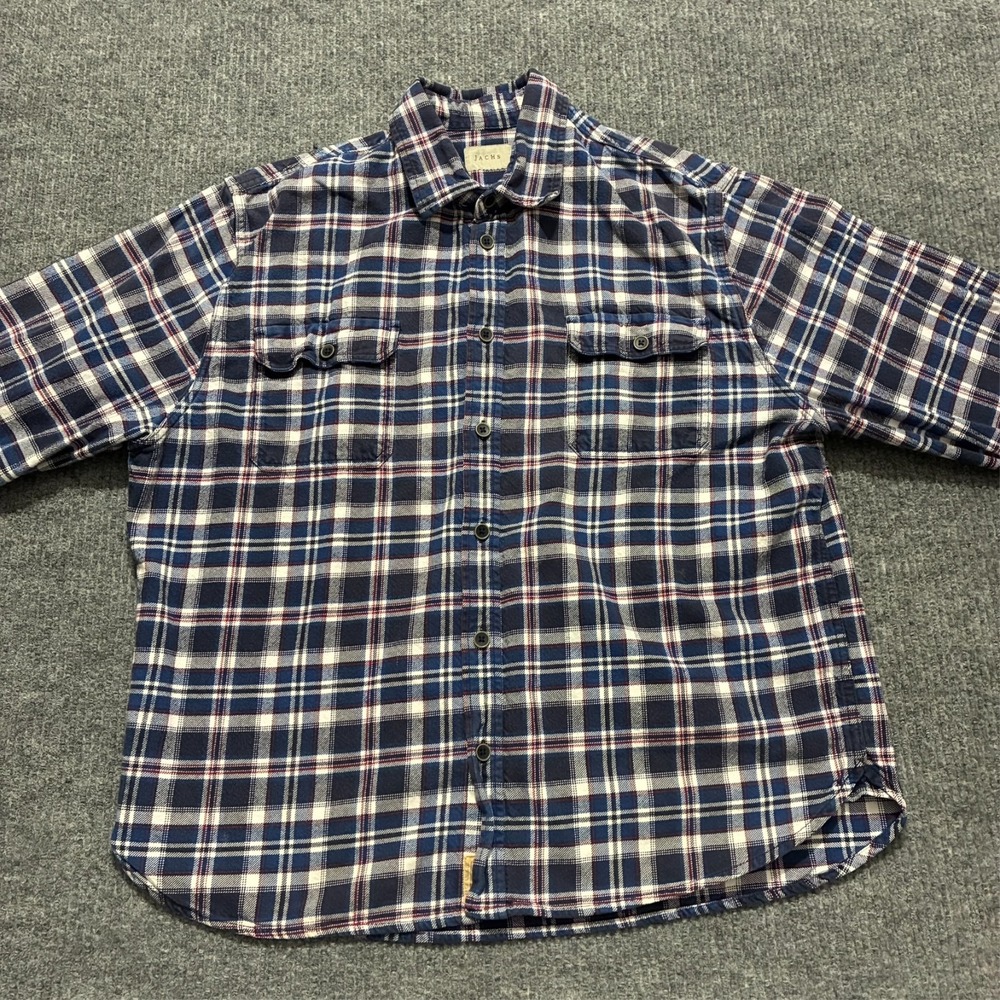 JACHS Mens Button Up Flannel Shirt Size 2XL Blue Red Plaid Cotton Long Sleeve